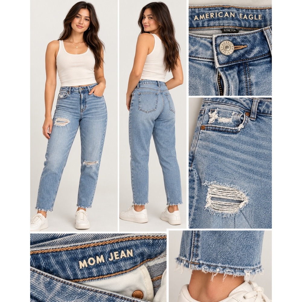 American Eagle Mom Jean Light Wash Distressed High Rise Frayed Hem Denim